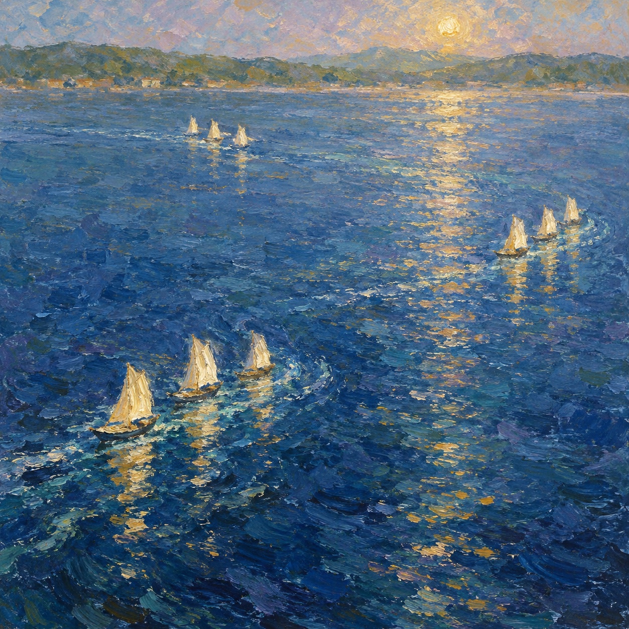 AI-generated painting: Small sailboats move together across blue water.