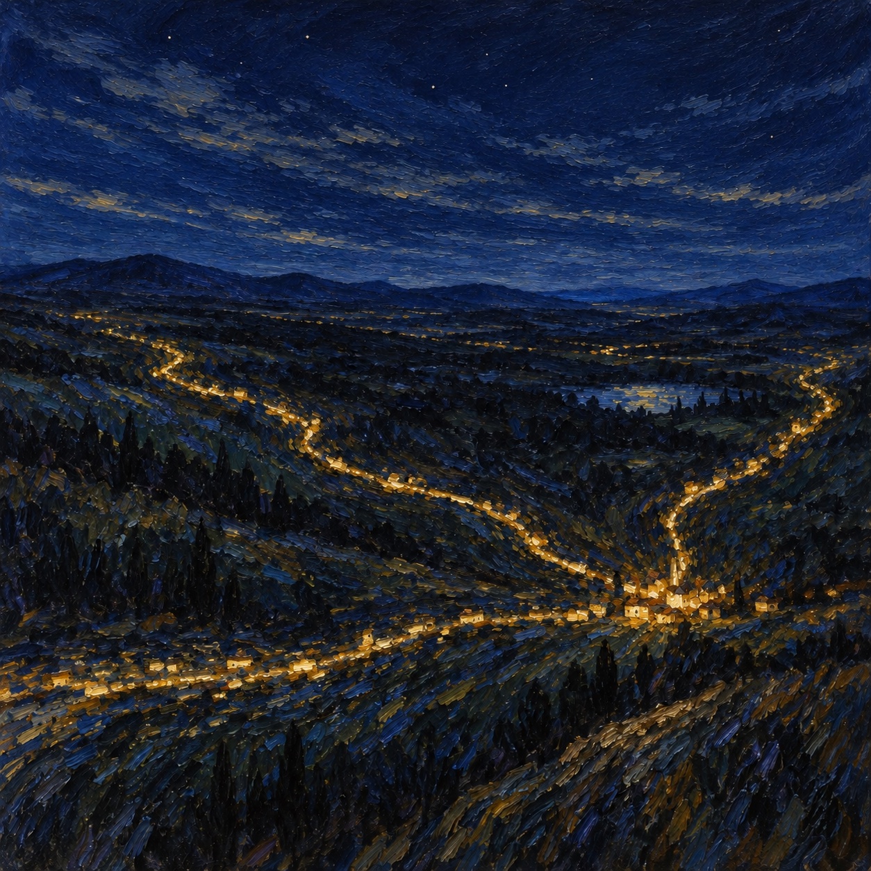 AI-generated painting: Warm lights connect a small settlement across blue hills beneath a quiet night sky.