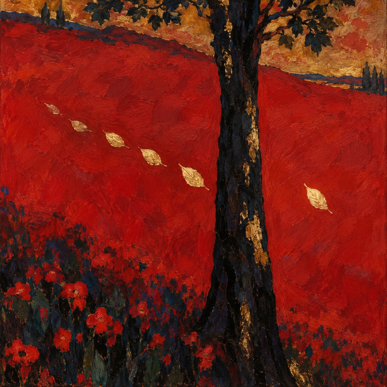AI-generated painting: Golden leaves approach a dark tree; one passes beyond it.
