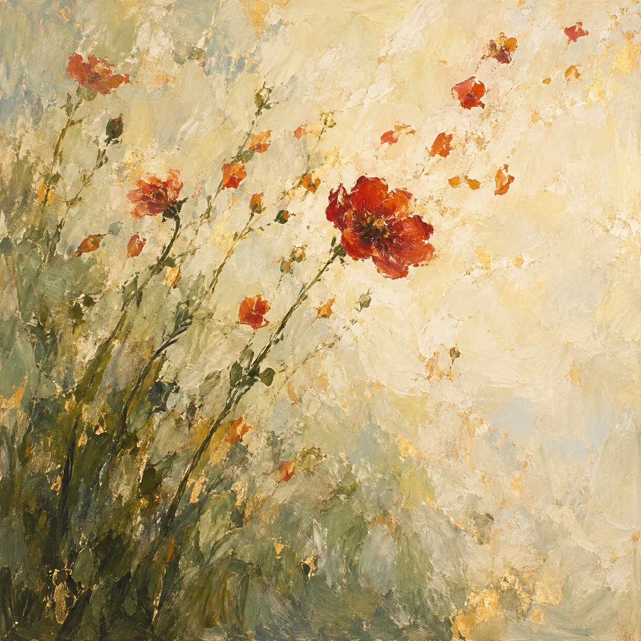 AI-generated painting: Scattered petals gather around a red bloom in a pale garden.